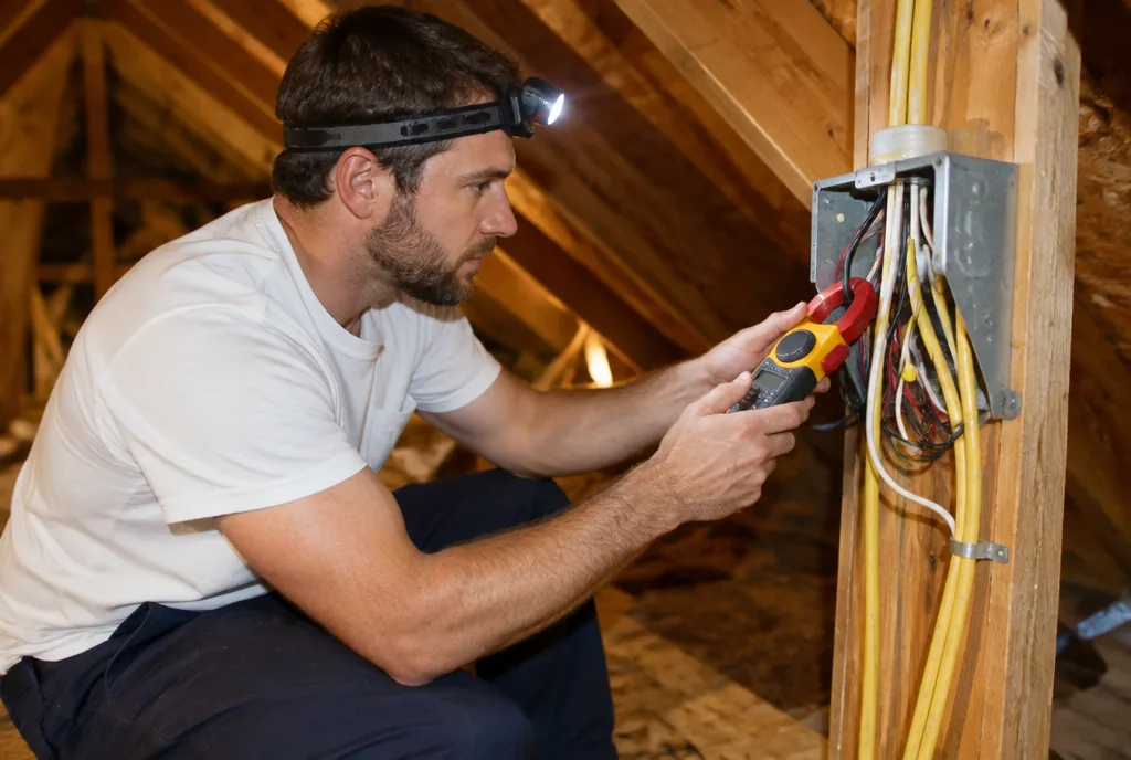 Electrician checking wiring in an attic junction box with a clamp meter
