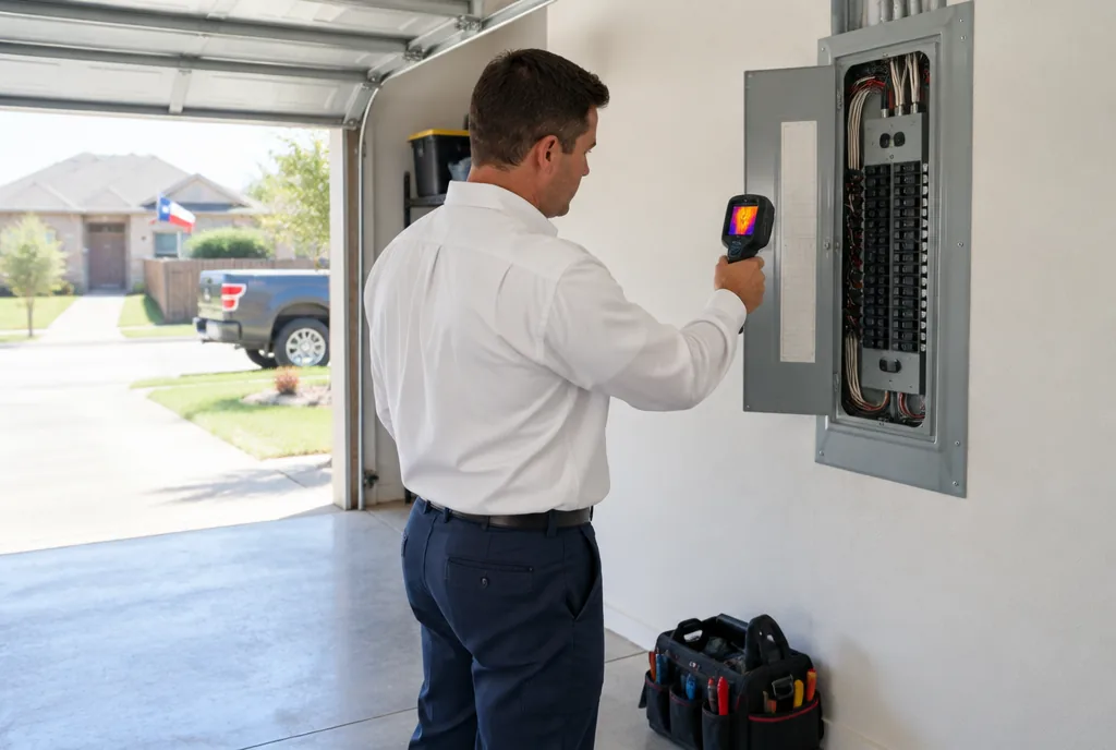 Electrician scanning an open breaker panel in a Forney home garage during an electrical inspection