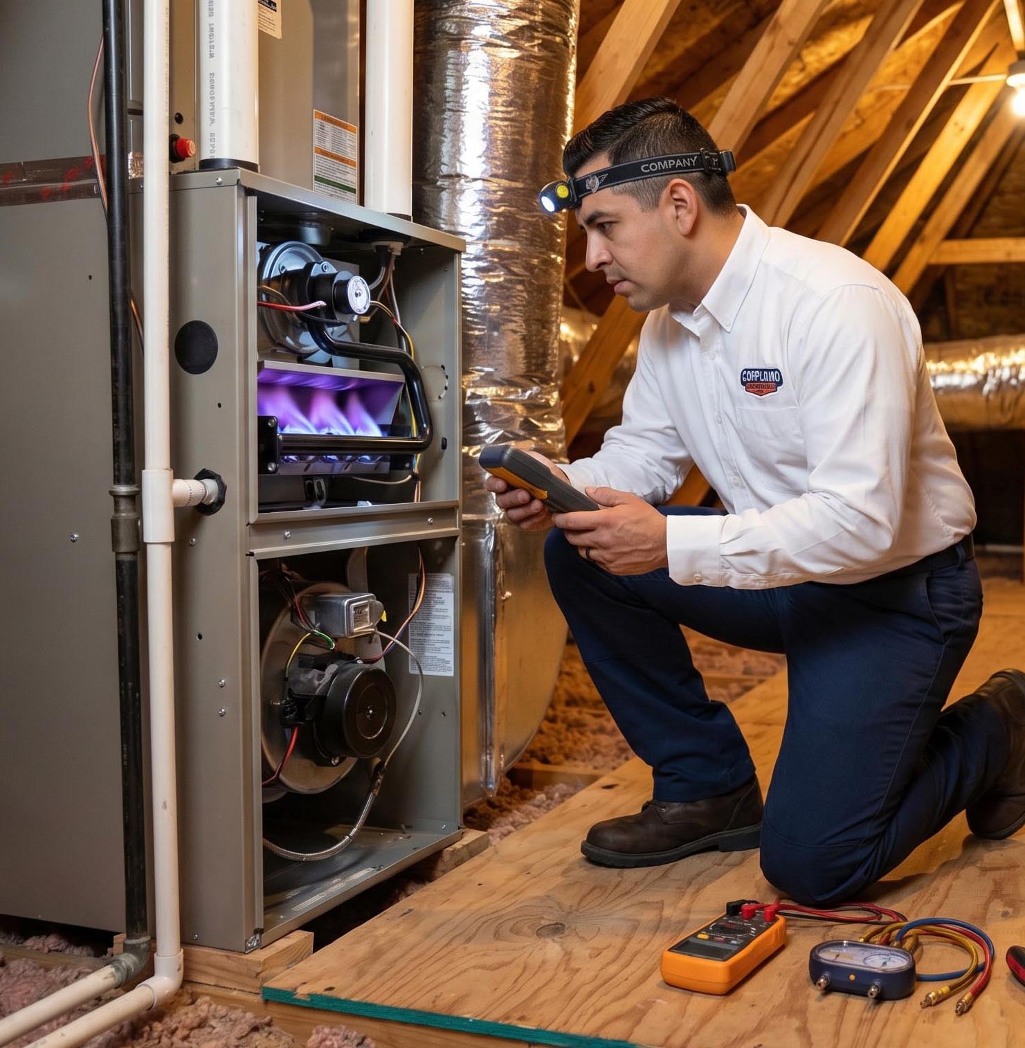 HVAC technician inspecting AC unit with tools